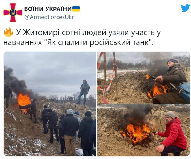 烏克蘭民眾參與如何燒毀俄羅斯坦克演習。   圖：取自twitter.com/ArmedForcesUkr