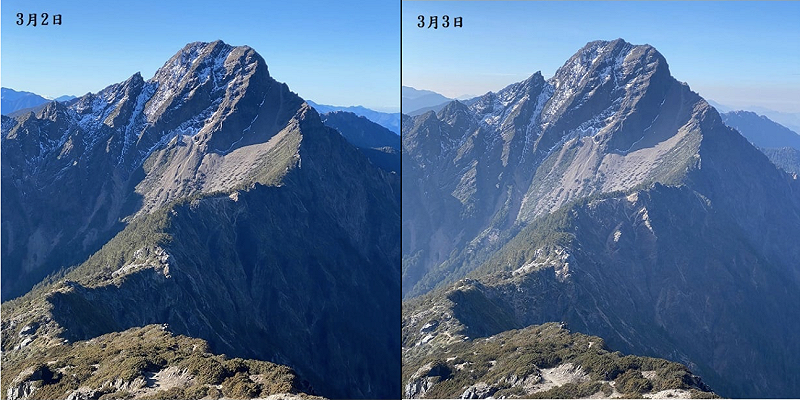 氣象局長鄭明典於臉書分享昨日與今日玉山在同一角度下拍攝的對比圖。   圖：翻攝自鄭明典臉書