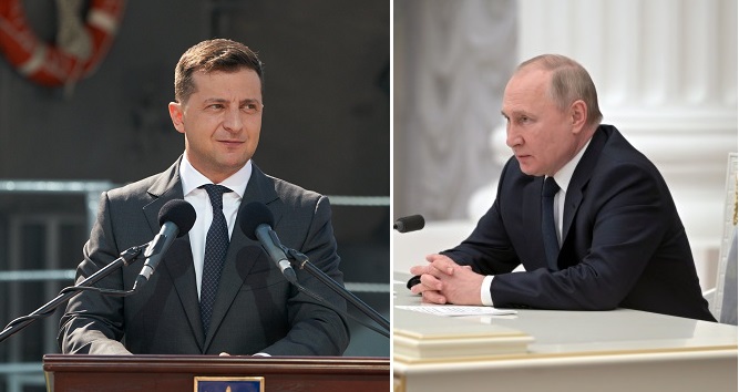 烏克蘭總統澤連斯基（左圖，翻攝自臉書）向俄羅斯總統普丁（右圖，翻　攝自推特）。   圖：新頭殼合成
