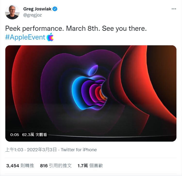 蘋果資深副總裁Greg Joswiak在其Twitter上也使用｢Peek performance｣字眼。   圖：翻攝自Greg Joswiak Twitter