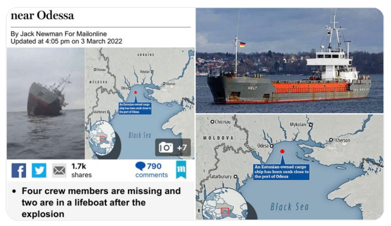 受俄羅斯入侵烏克蘭戰火波及，3日傳出1艘懸掛巴拿馬國旗的愛沙尼亞貨輪在烏克蘭敖德薩(Odessa)港附近觸及水雷爆炸沉沒。   圖：Codey369推特截圖
