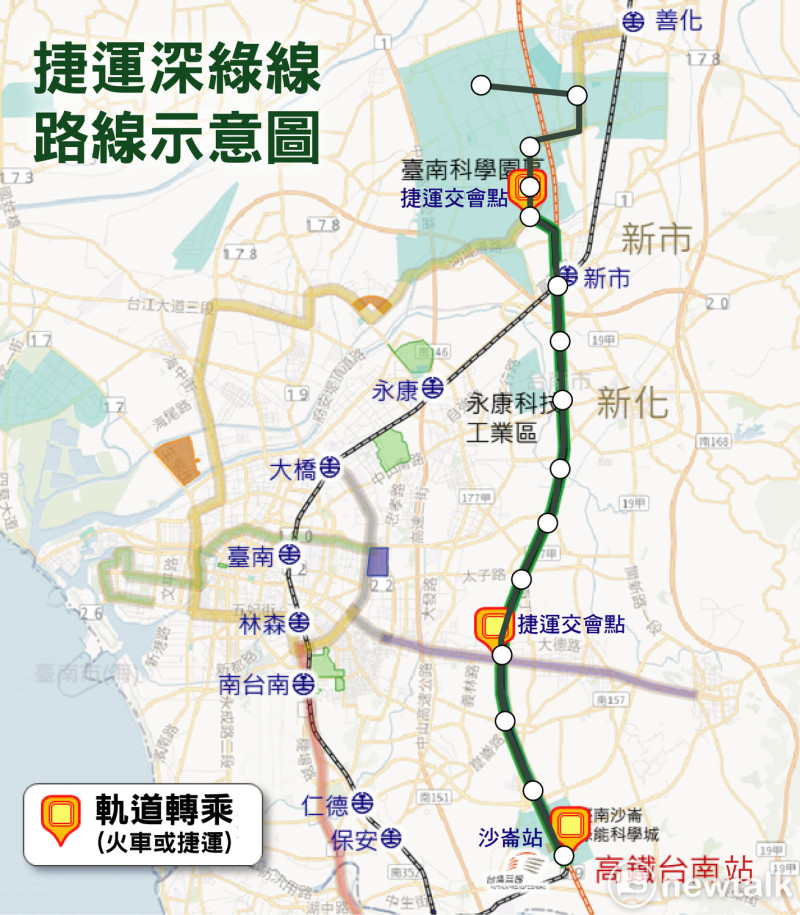 捷運深綠線可減少臺南科學園區與沙崙綠能科學城二地交通往返時間，更可串連南科已發展區形成便利的生活圈，再進一步與台鐵、藍線、藍延線形成完整捷運路網，大幅提升台南公共運輸服務。   圖：台南市政府提供