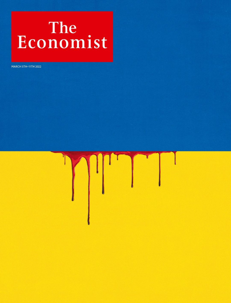 最新一期英國《經濟學人》(The Economist)雜誌封面，在烏克蘭國旗的藍黃色塊間流出鮮血。   圖：翻攝The Economist臉書