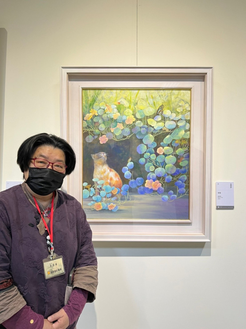 「風華正盛－圓創膠彩畫會聯展」會長吳翠萍作品《享受》。   圖：新北市文化局提供