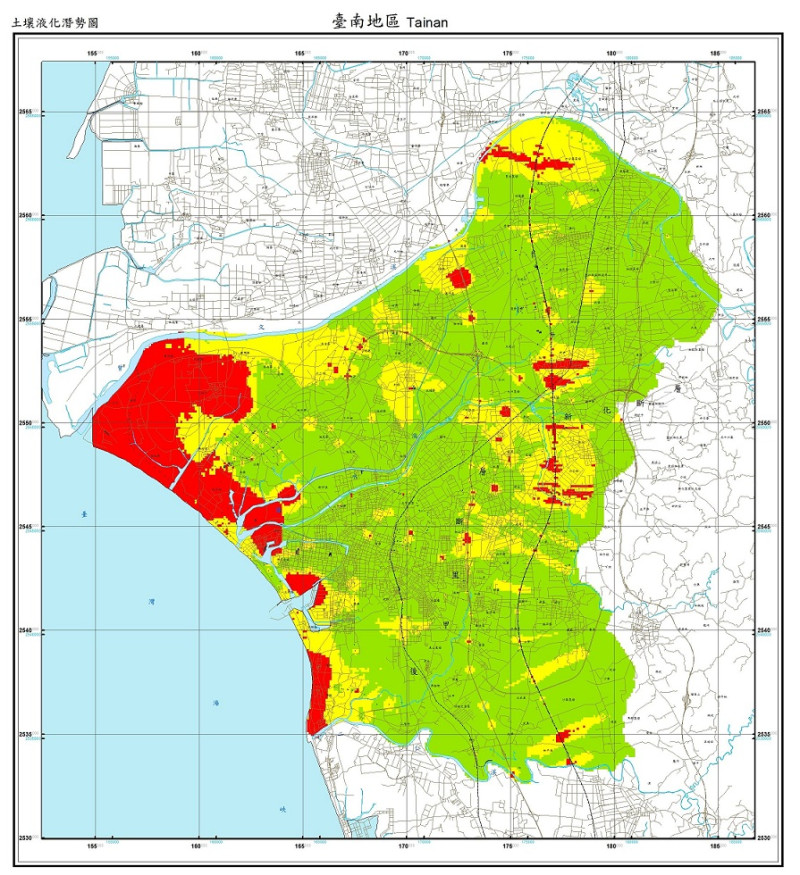 台南地區土壤液化潛勢圖。   圖：翻攝自地質調查所官網