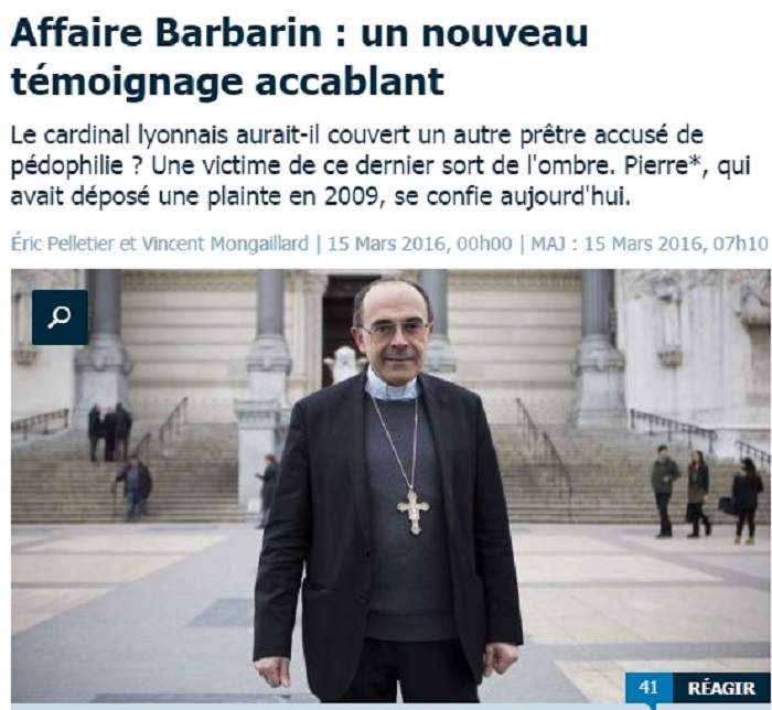 震驚法國天主教會的神父性侵兒童案，當年受害者指控樞機主教巴巴林（Philippe Barbarin）早已知情卻無所作為，涉嫌包庇。   圖：翻攝Le Parisien網站