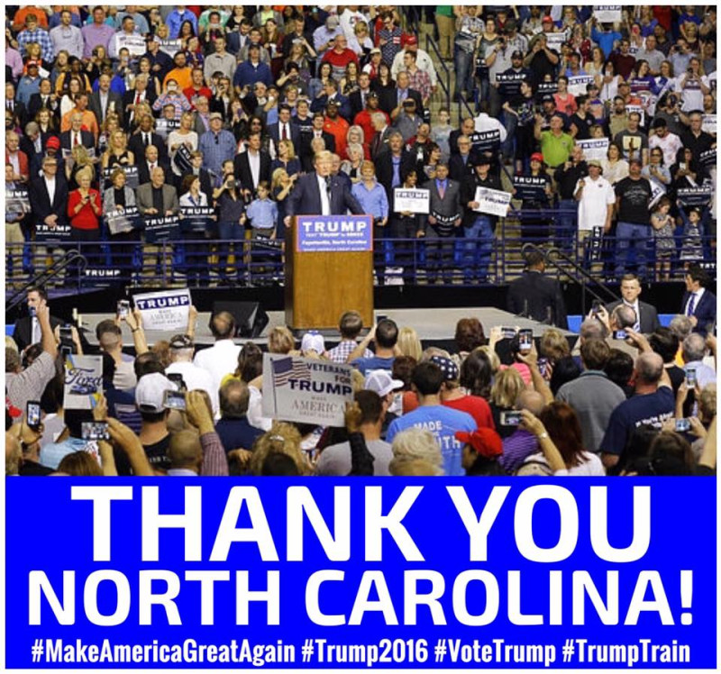 美國共和黨總統參選人川普在臉書上，感謝民眾支持讓他奪下北卡羅來納州勝利。   圖：翻攝川普臉書