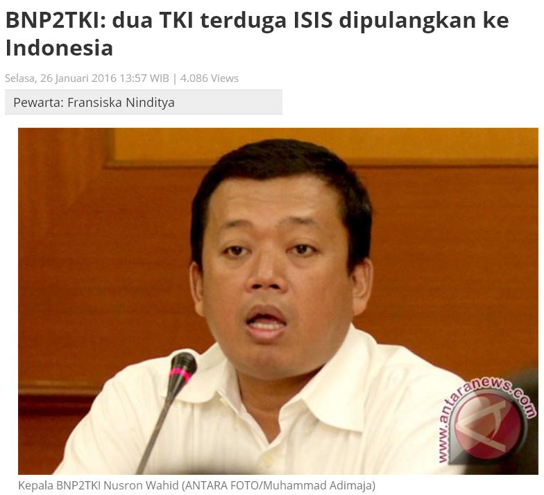 印尼國營安塔拉通訊社1月26日就曾報導，外勞發展署(BNP2TKI)署長瓦希德(Nusron Wahid)已指出ISIS透過激進派來煽動移工的觀察。   圖：翻攝自安塔拉通訊社網站