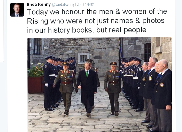 愛爾蘭總理肯尼在推特上發文，對於百年前參與復活節起義的人們，表示深深的哀思與懷念。   圖：翻攝肯尼推特