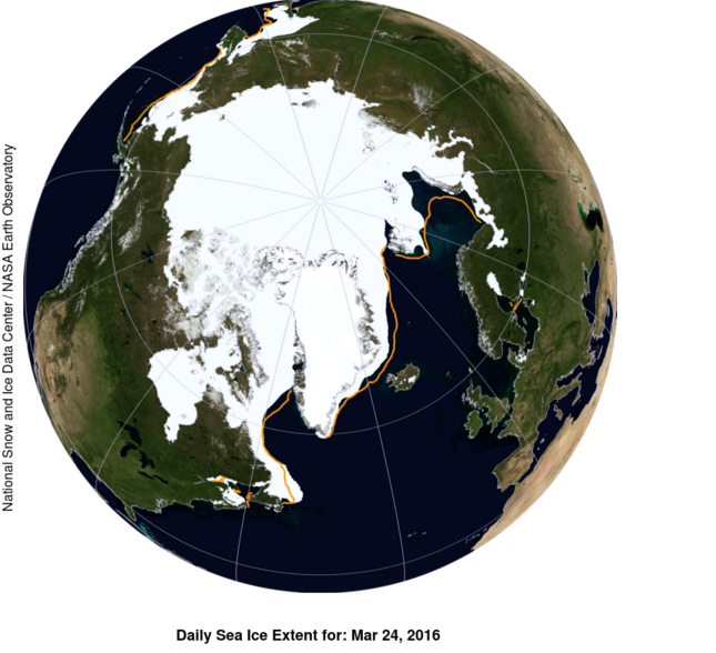 美國太空總署2016年3月24日，拍攝到北極海冰範圍約1452萬平方公里，創下新低紀錄。   圖：翻攝美國國家冰雪數據中心/美國航天局地球觀測站