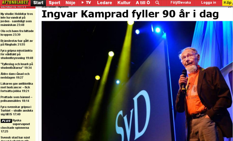 宜家家居（IKEA）創始人坎普拉30日歡度90歲生日，一貫保持低調。   圖：翻攝Aftonbladet官網