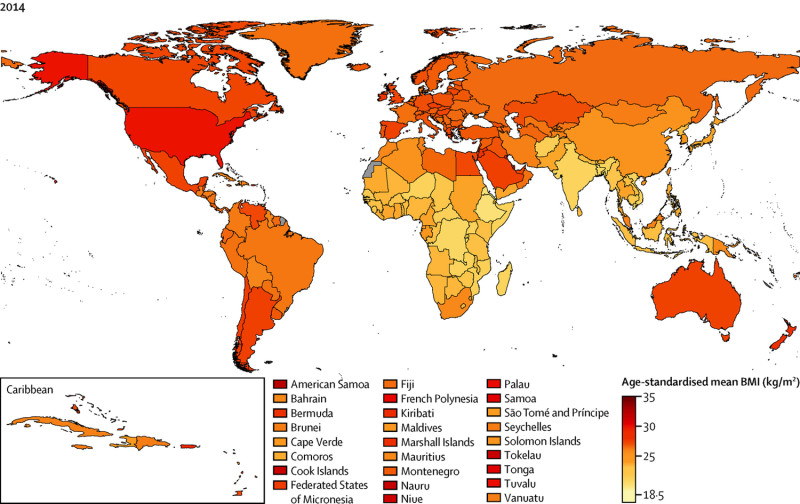 最近肥胖地圖出爐，全球大半紅通通。   圖：翻攝醫學期刊《Lancet》