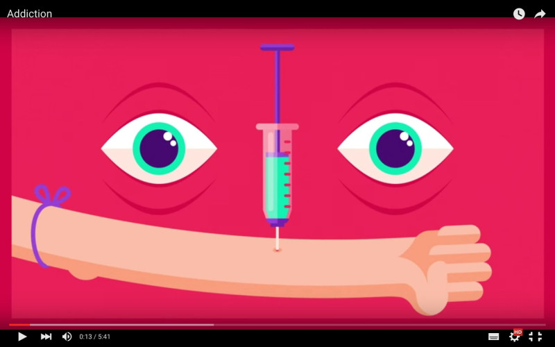 「Kurzgesagt – In a Nutshell」團隊製作的動畫「Addiction(成癮)」，從科學角度說明，成癮不只是個人選擇問題，更與吸毒者所處社會環境息息相關。   圖：翻攝自影片