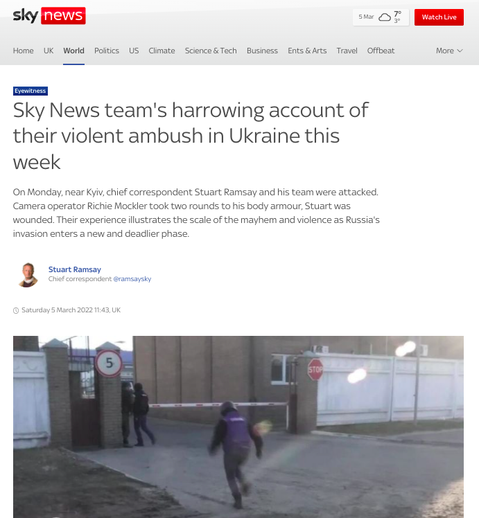 英國天空新聞網（Sky News）5人團隊前往烏克蘭戰地採訪，在基輔附近遭遇疑似俄軍的士兵射擊，五人奇蹟式死裡逃生。   圖：翻攝自Sky News網站