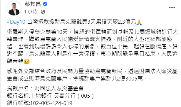 蔡其昌期盼戰爭早日結束，人民遠離苦難。   圖：翻攝自蔡其昌臉書