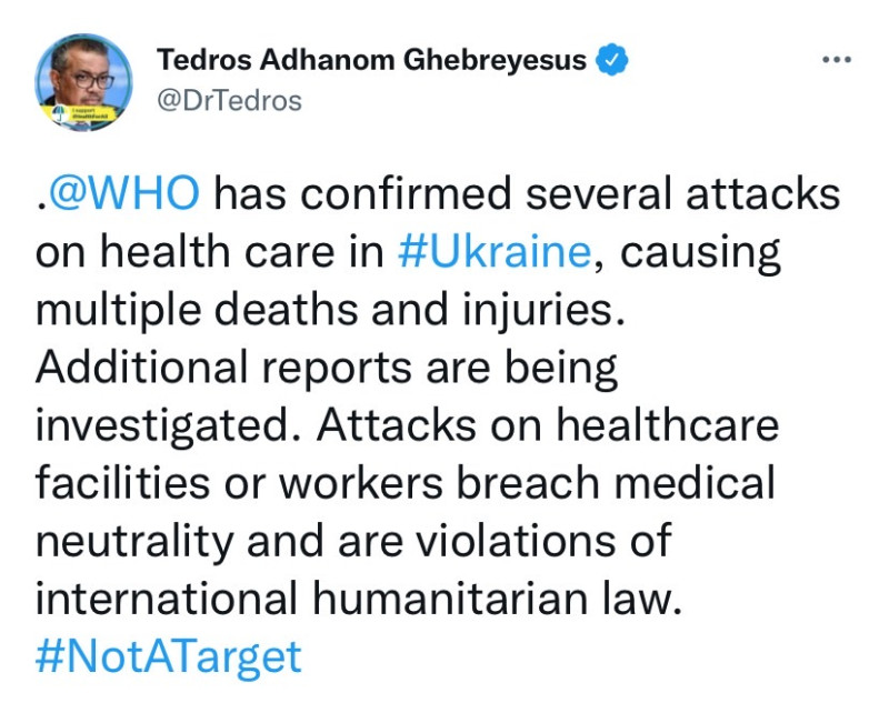 譚德塞於推特發文，譴責針對烏克蘭醫療機構的攻擊違反《國際人道法》。   圖：擷取自譚德塞推特