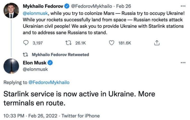 烏克蘭副總理Mykhailo Fedorov說服特斯拉執行長馬斯克（Elon Musk ) 移動衛星。   圖：翻攝自mykhailo fedorov推特