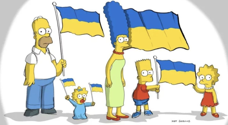 辛普森家庭官方推特發出照片聲援烏克蘭，媽媽「美枝」的造型與國旗配色相符。   圖/辛普森家庭推特