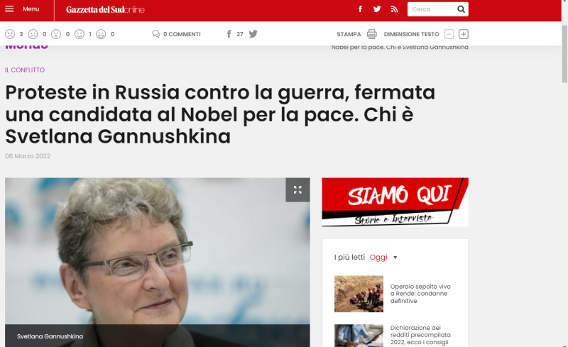 義大利Gazzetta del Sud報導，多次被提名諾貝爾和平獎、80歲的岡努西奇娜（Svetlana Gannushkina），在生日當天被捕。    圖：截自Gazzetta del Sud網站