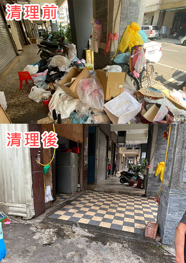 興中街住宅大樓一樓長期堆放雜物，台中市環保局多次前往強制清除。   台中市環保局/提供