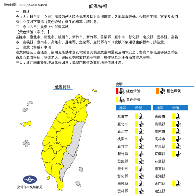 今天強烈大陸冷氣團影響全台，從基隆、雙北到台中、彰化，全台18縣市清晨至上午時段要小心低溫特報。   圖：中央氣象局/提供