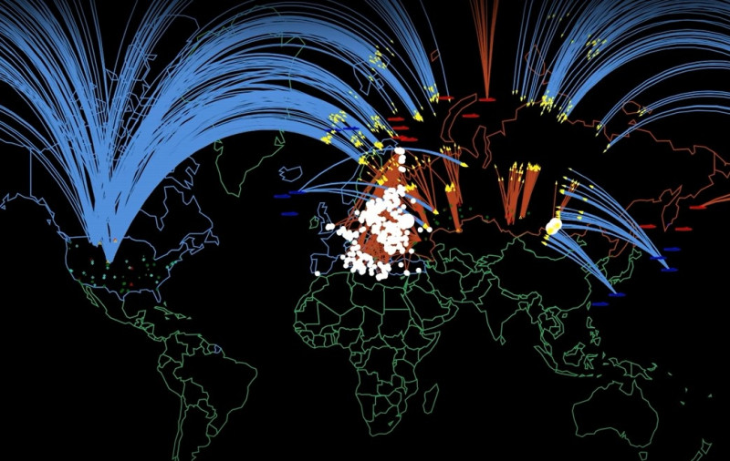普林斯頓大學模擬俄羅斯和北約發生核戰的情況，結果顯示在開戰幾個小時內就有9000萬人傷亡。   圖：翻攝Alex Glaser YouTube