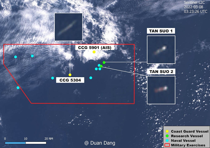 越南軍事記者段當(Duan Dang)對中國「運-8」反潛機在南海失事一事提出新證據， 指海警船及科考船都投入搜尋行列。   圖：翻攝Duan Dang推特