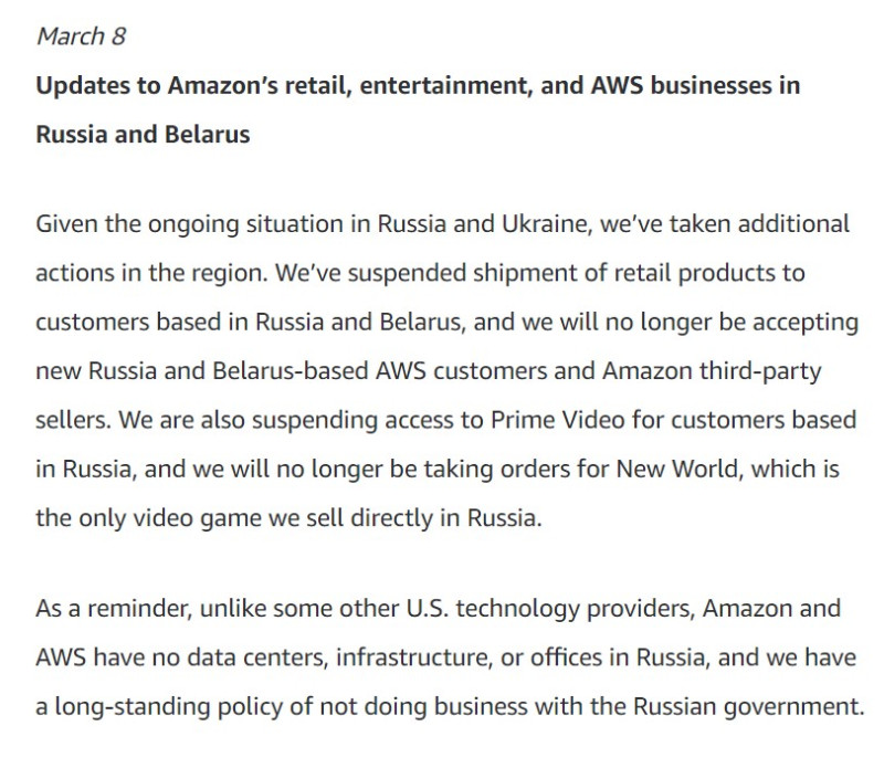 亞馬遜在官網中指出，AWS在俄羅斯沒有數據中心、基礎設施或辦事處，而且有一項長期政策，即不與俄羅斯政府開展業務。   圖：翻攝自amazon官網