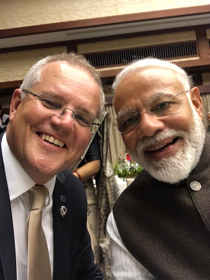 澳大利亞總理莫里森（左）與印度總理莫迪（右）都想擺脫對中國的依賴   圖：翻攝自莫里森推特