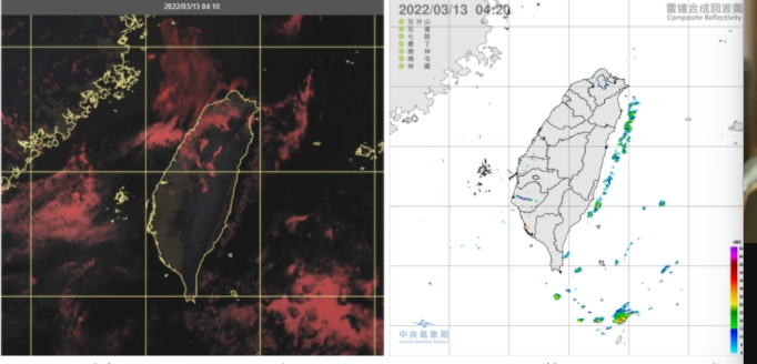 今天4：10真實色雲圖顯示，台灣上空大多晴朗無雲，桃竹苗有零散低雲(左圖)。4：20雷達回波合成圖顯示，陸上無降水回波，東側海上有微弱線狀回波(右圖)。   圖/「三立準氣象．老大洩天機」