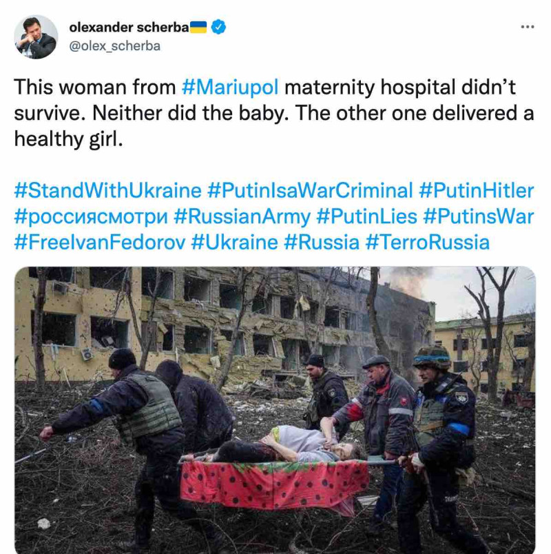 烏克蘭外交官謝爾巴（Olexander Scherba）於推特上公布雙亡的消息。   圖：截圖自謝爾巴推特
