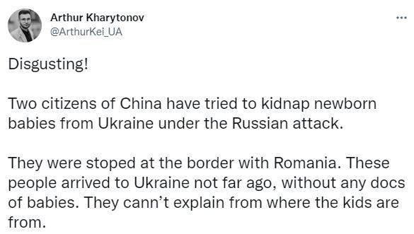 哈里托諾夫直呼這兩名中國人綁架烏克蘭嬰兒的行為噁心。   圖：翻攝自Arthur Kharytonov推特
