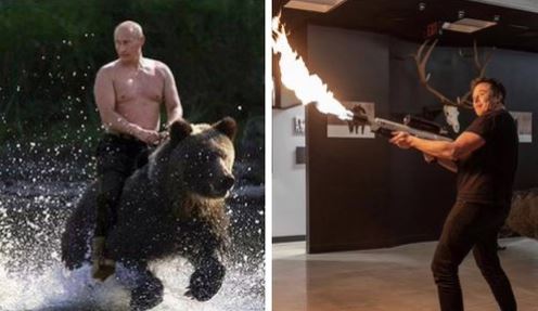 馬斯克向普丁下戰帖，賭注是烏克蘭，並上傳合成照，暗指「火烤普丁」 。   圖：翻攝自Elon Musk推特