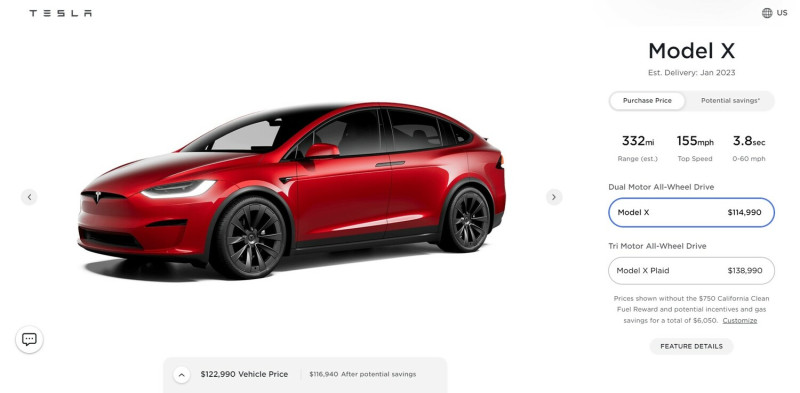 其他電動汽車的價格漲幅都沒有Model X這麼大，現在它的價格比之前高出1萬美元，達到11萬4990美元。   圖：翻攝自Tesla美國官網