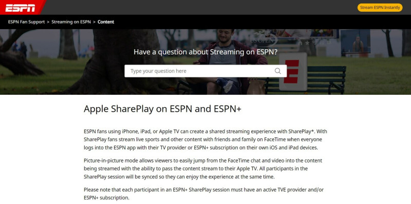 ESPN官網也強調，每位參與者都必須擁有ESPN＋訂閱，才能啟用SharePlay。   圖：翻攝自ESPN官網