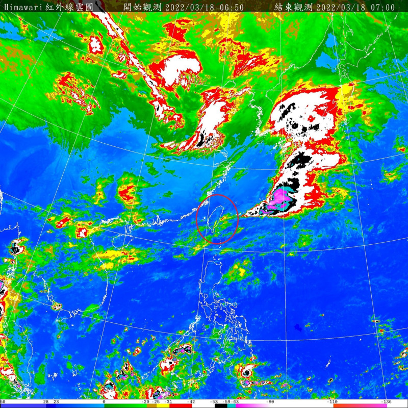 台灣上空的雲層對流性已經減弱，今天上午，中部以北與東半部仍有局部短暫雨。   圖：中央氣象局/提供