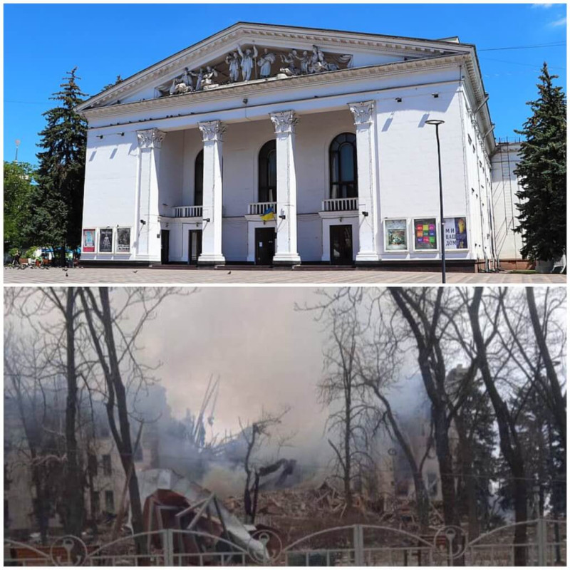 馬立波有平民避難的戲劇院遭到俄軍砲轟。圖為烏克蘭外交部長庫列巴在推特貼出劇院遭轟炸前後的對比圖。   圖：取自twitter.com/DmytroKuleba