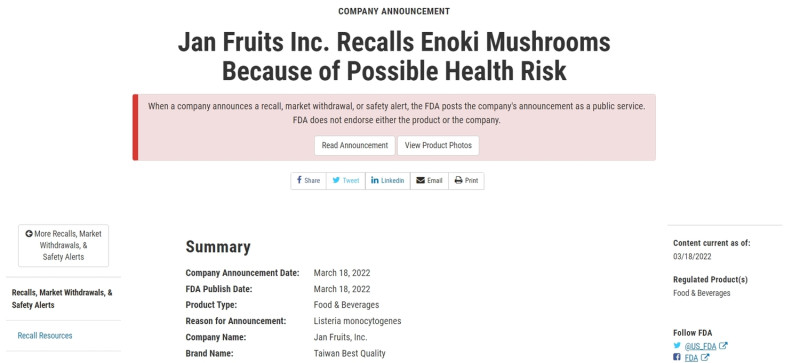 美國FDA公告，台灣金針菇被驗出李斯特菌。   圖：翻攝自美國FDA網站