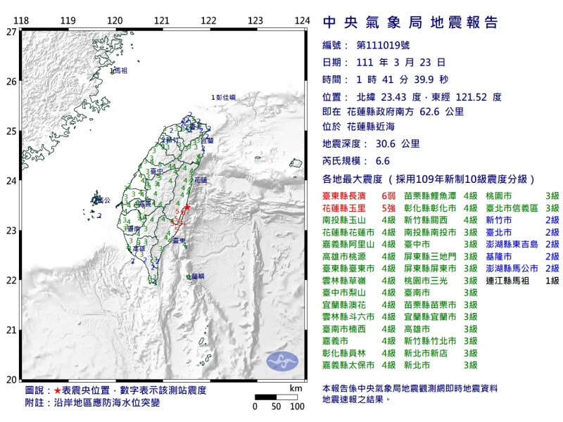 台灣東南部海域今（23）天凌晨1點41分發生規模6.6地震，震央位在花蓮縣東部海域。   圖：中央氣象局提供