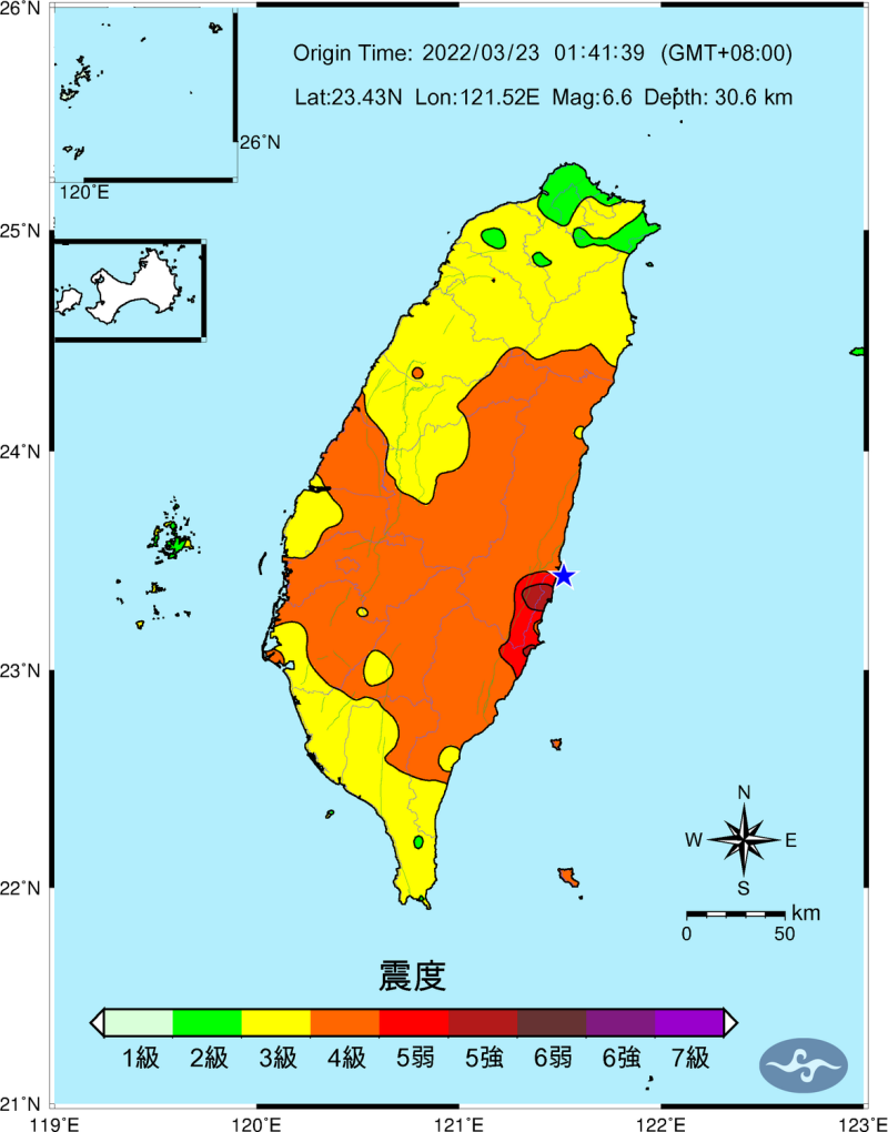 今日凌晨發生規模6.6強震，是921大地震後強度排第5大的地震（1:41地震震度圖）。   圖：中央氣象局／提供