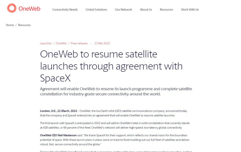OneWeb確定與競爭對手SpaceX合作，改搭獵鷹9號火箭發射。   圖：翻攝自 OneWeb 官網