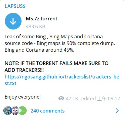 駭客組織Lapsus$在其Telegram上發布了一個文件，文件大小近37GB，內容包含微軟搜尋引擎和智慧型個人助理的部分源代碼   圖：翻攝自Lapsus$ Telegram