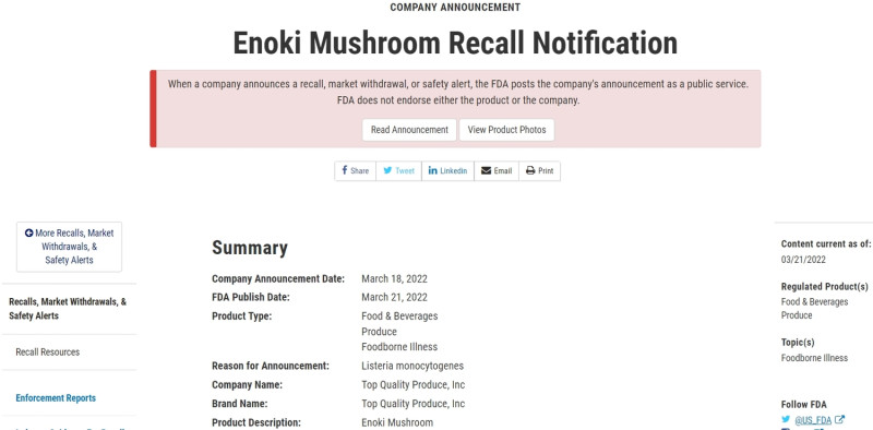 FDA公告「Top Quality Produce, Inc」出口的金針菇檢出李斯特菌。   圖：擷取自FDA官網
