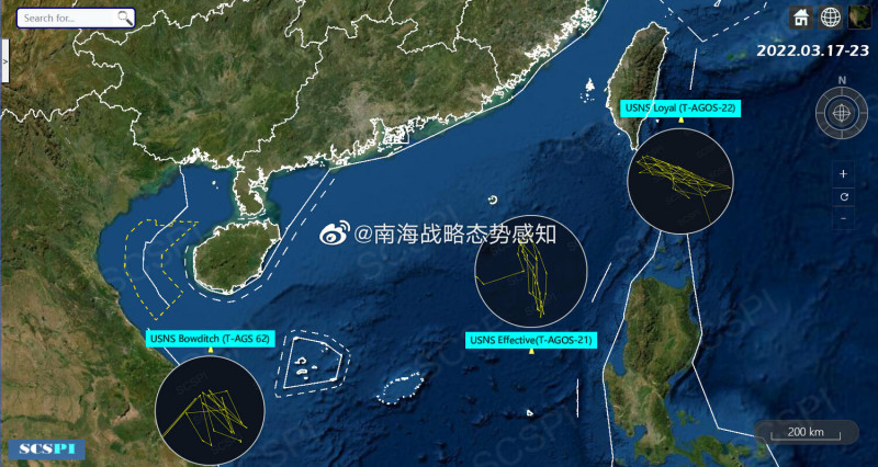 中國爆料，包括忠誠號（右起）、有效號與鮑迪奇號等3艘美軍偵察船，部署在台灣以東與南海海域，進行高強度作業。   圖：翻攝自南海戰略態勢感知微博