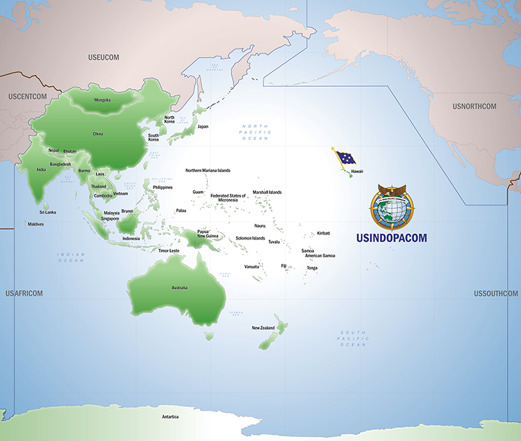 美國印太司令部是美軍最大的司令部，以北與歐洲司令部相連，向西與中央司令部、非洲司令部相連，向東與北方和南方司令部相連。   取自美國印太司令部