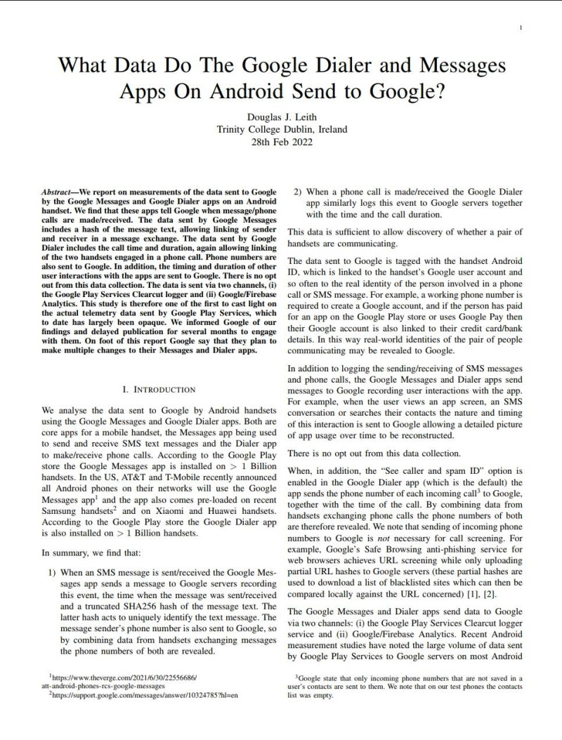 愛爾蘭都柏林三一學院的電腦科學教授Douglas Leith，在2月底發表了關於Google的一篇論文。   圖：翻攝自Douglas Leith 論文