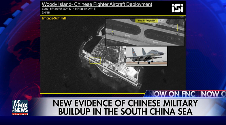 福斯新聞報導，美國衛星機構ImageSat International空照圖發現，2架中國殲11戰鬥機降落在永興島。   圖：翻攝福斯新聞
