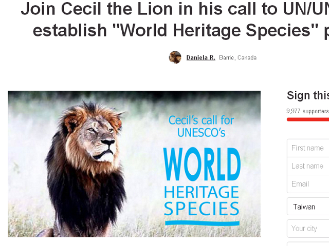 Daniela Relja受到塞西爾之死的啟發，展開連署，主張聯合國教科文組織（UNESCO）應該成立「世界物種遺產」（World Heritage Species），為保育野生動物而努力。   圖：翻攝自連署網頁