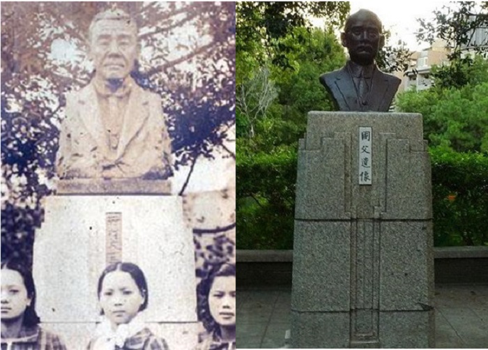 1934年北投居民感念溫泉之父，在北投公園裡立了井村大吉的銅像；1965年卻被國民黨特務頭子潘其武「原地換頭」，換成了孫文的銅像。   圖：管仁健提供