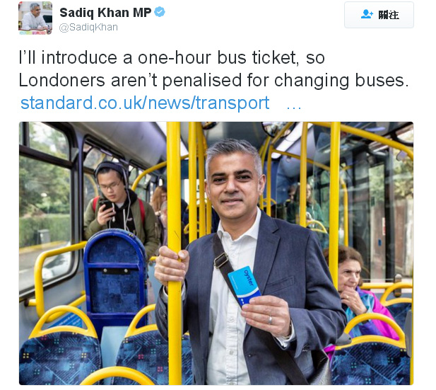 倫敦市長選舉，45歲的工黨國會議員沙迪克汗被看好，他同時也是公車司機之子，打出凍漲票價政見。   圖：翻攝沙迪克汗推特
